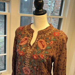April Cornell brown embroidered knee length dress medium